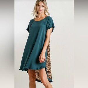 Umgee Teal Dress with Leopard Print Accent